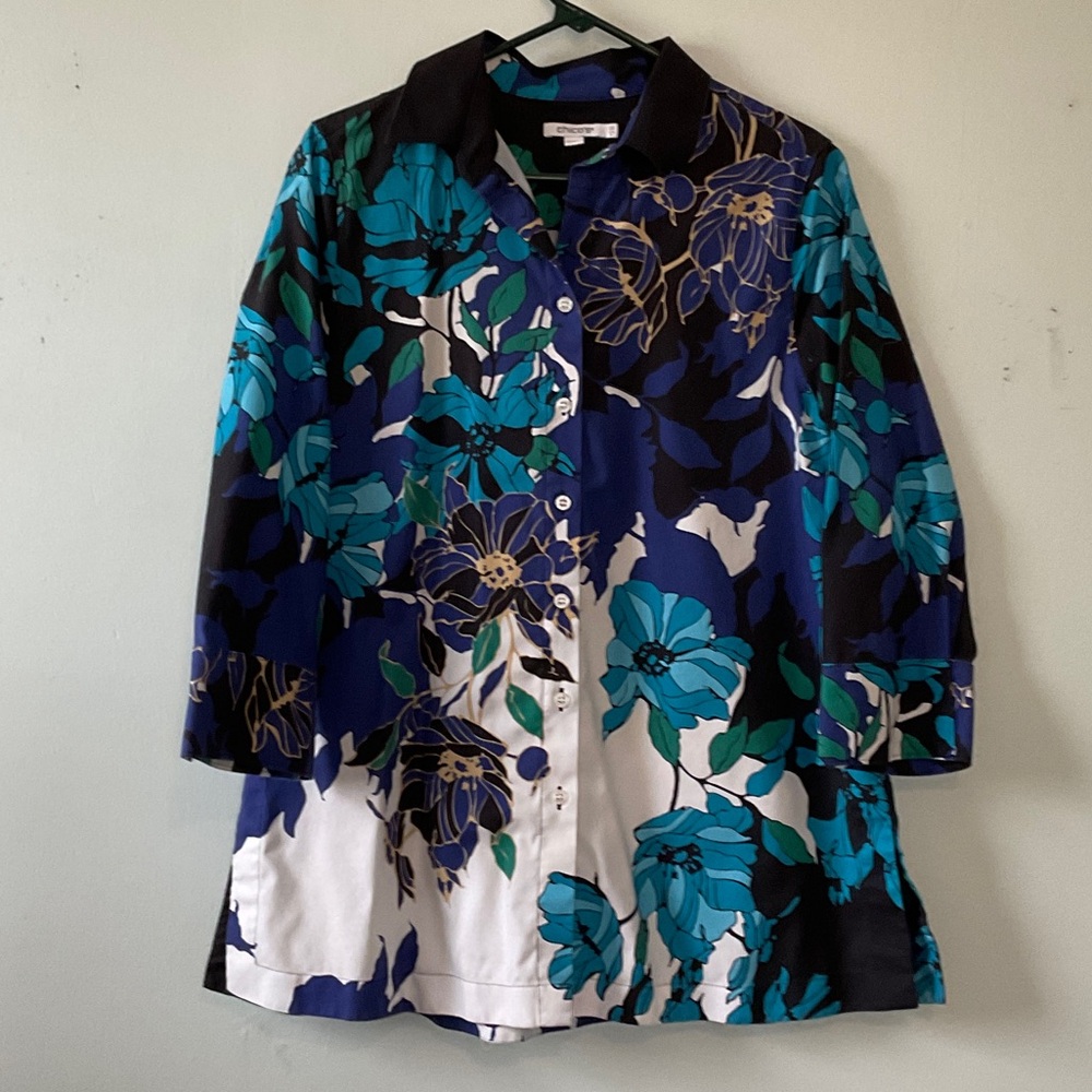 Chico's Floral Button-Front Tunic in Teal, Blue & Black